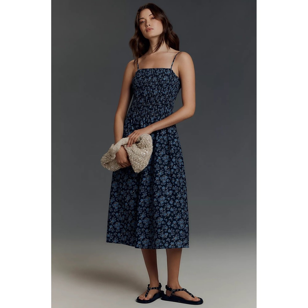 English Factory Sleeveless Square-Neck Cotton Midi Dress Smocked Navy Floral L